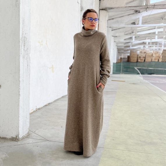knee length dresses for ladies Zenana Turtle Neck Long Sleeve Midi Sweater Dress H Beige / S main image 0