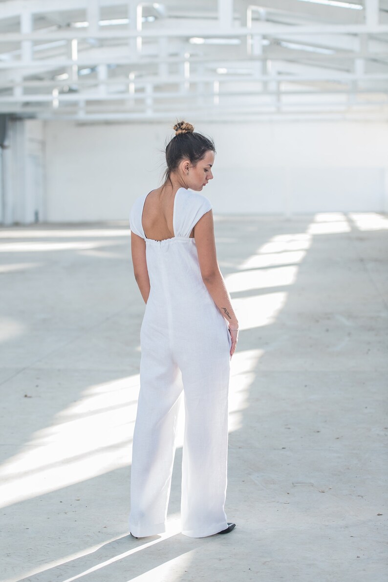 White Linen Jumpsuit Open Back Jumpsuit Linen Overall Etsy