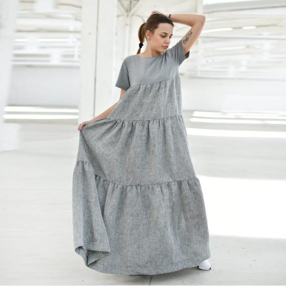 Linen Summer Maxi Dress With Short Sleeves, Empire Waist Tiered Ruffle Dress  in Gray, Garden Party or Baby Shower Gown, Sizes XS-4XL - Etsy Israel