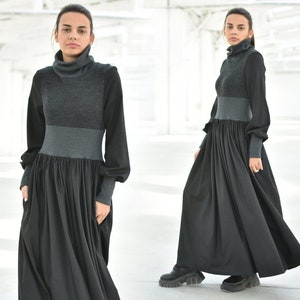 May include: A long black and grey dress with a turtleneck and long sleeves. The dress has a fitted bodice and a flowing skirt.