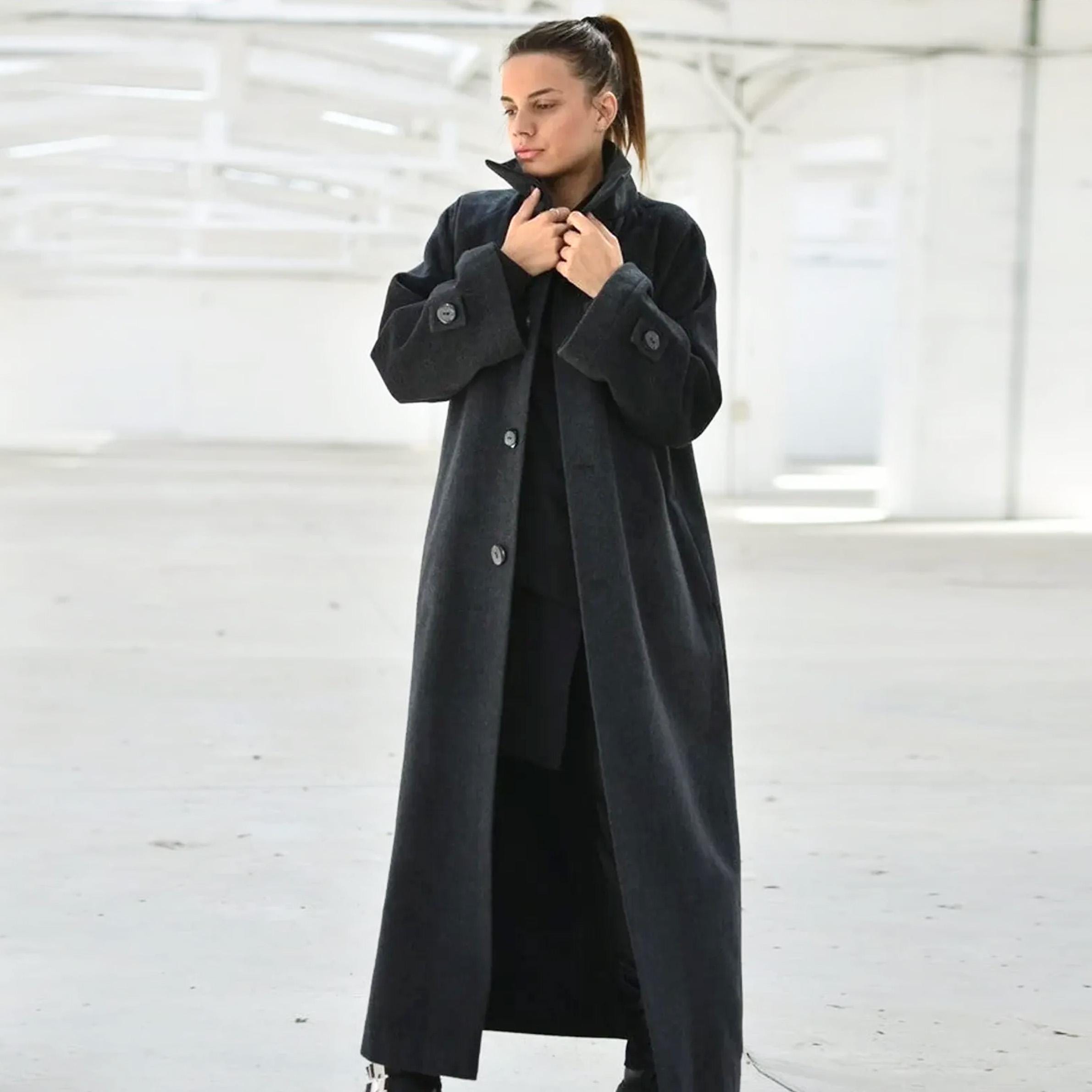 Dark Gray Winter Maxi Coat, Funnel Neck Wool Outerwear, Long Warm