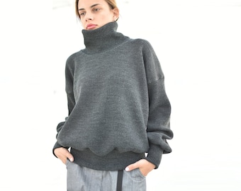 Dark Grey Wool Sweater, Knit Turtleneck Pullover, High Neck Wool Jumper, Chunky Wool Sweater, Winter Warm Clothing, Cozy Winter Pullover