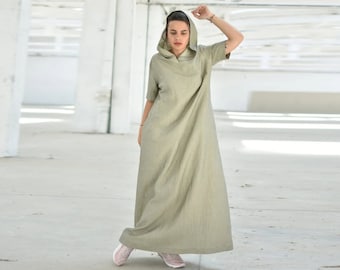 Linen Hooded Dress, Plus Size Maxi Dress, Boho Kaftan Dress, Loose Fit Dress, Women Caftan Dress, Larp Dress, Short Sleeve Dress