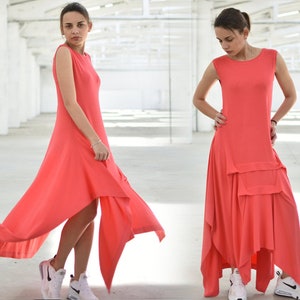 Asymmetrical Dress, Coral Dress, Avant Garde Clothing, Plus Size Dress, Loose Boho Dress, Coral Long Dress, Plus Size Clothing, Sleeveless