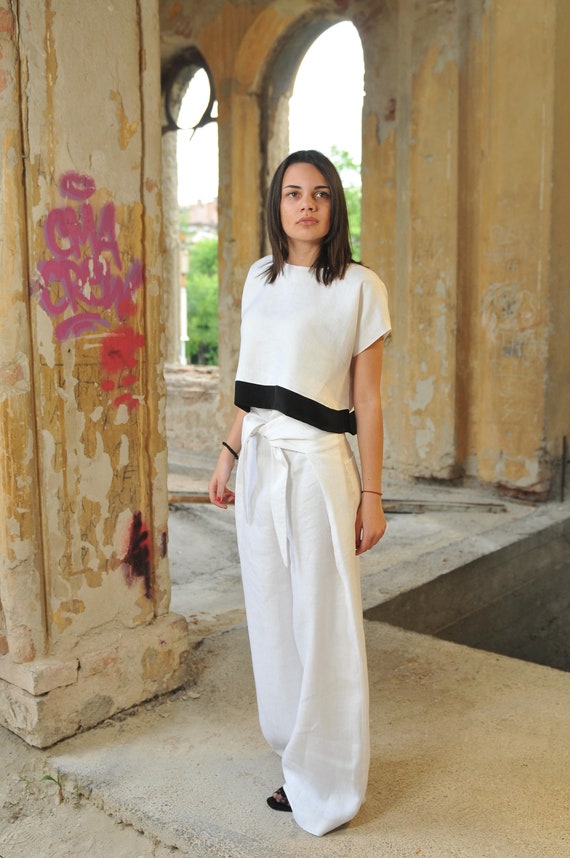 Elegant Linen Trousers, Wide Leg Pants Women, White Linen Flare