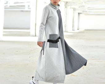 Vestido vaquero maxi de cuello alto, vestido de manga larga con abertura, vestido asimétrico extravagante de talla grande, vestido vanguardista, vestido con bloques de color