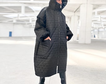 Black Long Puffer Jacket, Hooded Quilted Coat, Oversized High Neck Winter Jacket for Women, Avant Garde Coat,cFuturistic Cyberpunk Jacket
