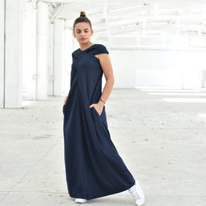 Navy Blue Linen Maxi Dress, Wedding Guest Dress, Plus Size Linen, Elegant Summer Dress, Linen Long Kaftan Dress, Criss Cross Dress, Indigo image 3