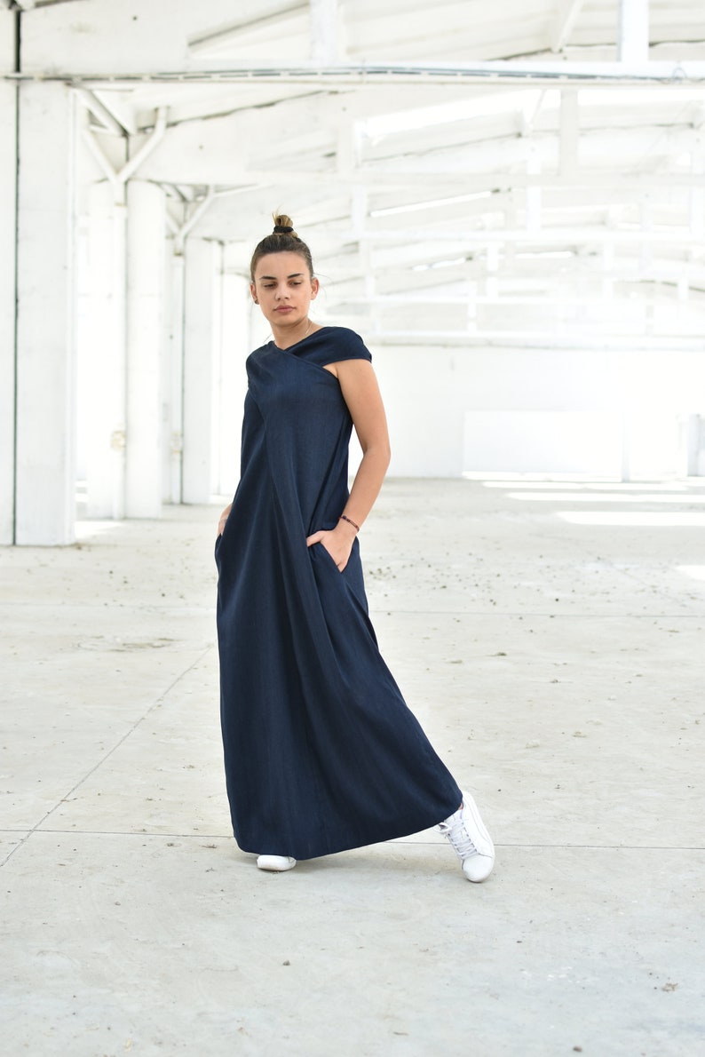 Navy Blue Linen Maxi Dress, Wedding Guest Dress, Plus Size Linen, Elegant Summer Dress, Linen Long Kaftan Dress, Criss Cross Dress, Indigo image 3