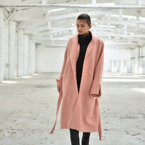 Women Pink Wool Coat, Minimalist Loose Urban Overcoat, Elegant Classic Coat, Millenial Pink Coat, Belted Coatigan, La Coquette Core Clothing