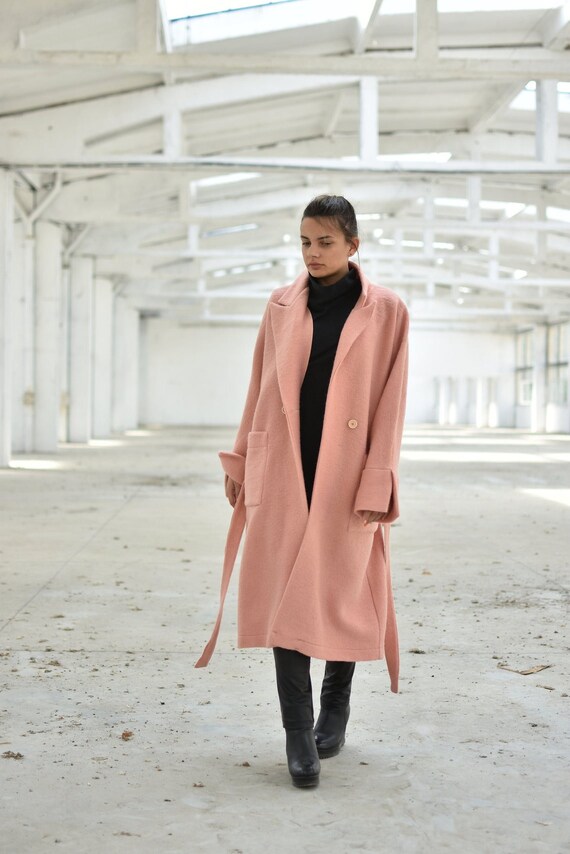 Women Pink Wool Coat, Minimalist Loose Urban Overcoat, Elegant
