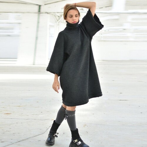 Dark Grey Sweater Dress, Winter Wool Dress, Oversized Turtleneck Wool Dress, Wool Tunic, Avant Garde Clothing, Plus Size Dress, Warm Dress