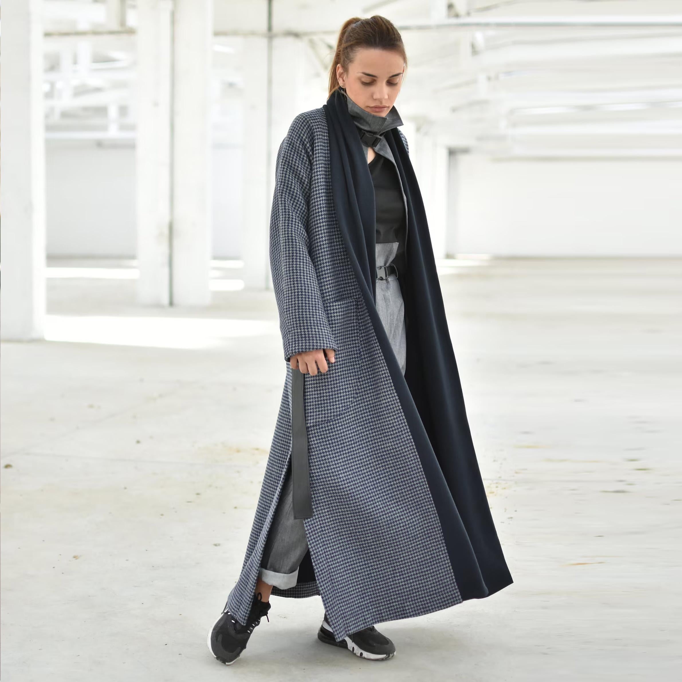 Blue Houndstooth Shawl Coat, Winter Wool Maxi Coat, Oversized