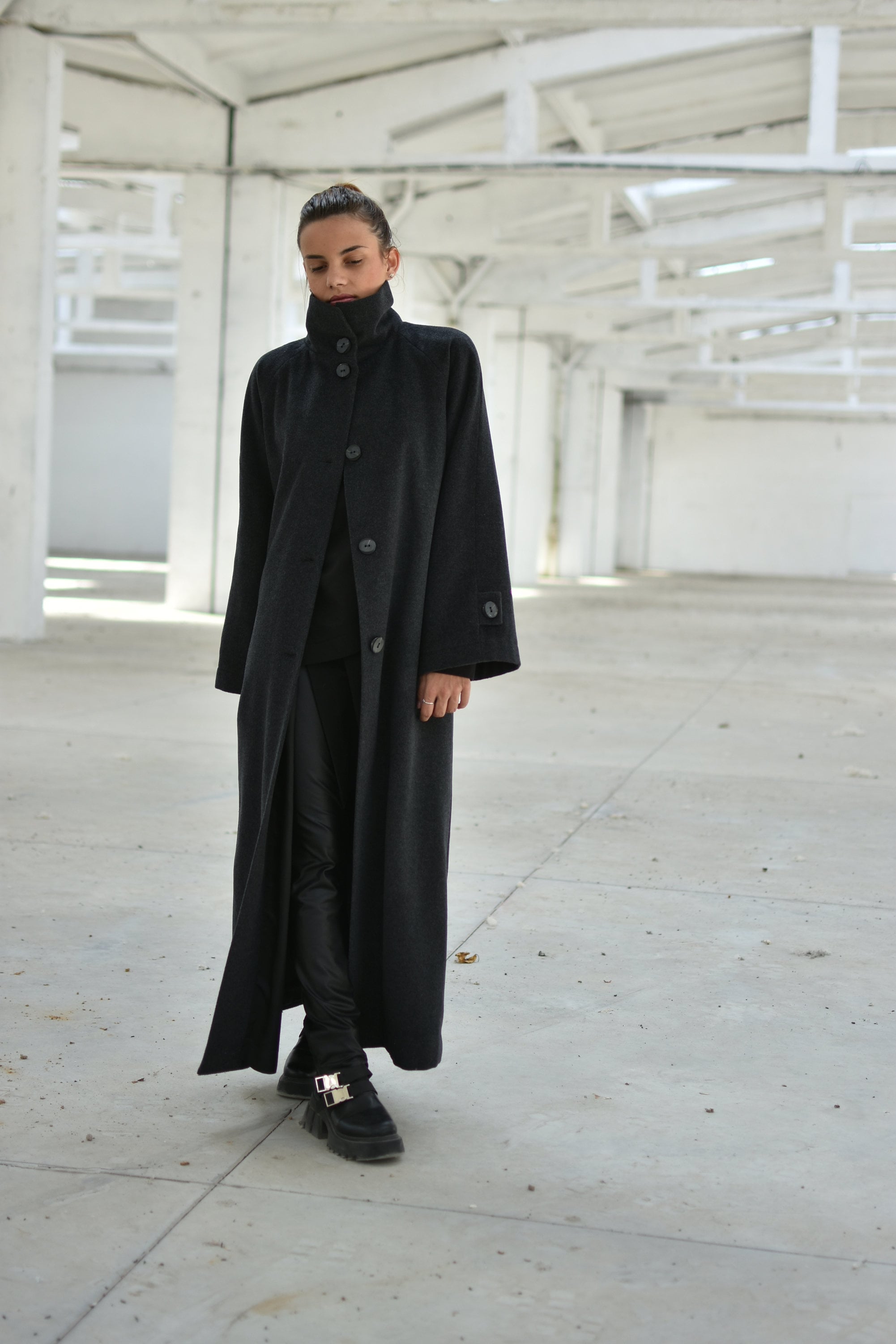 eaphi high neck wool cape coat beige