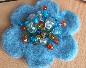 Blue Flower Brooch, Unique Felted Brooch, Handmade Brooch, Christmas Gift, Winter Accessory, Gift For Her, Women Accessory, Wool Jewellery