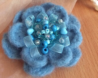 Blue Felted Brooch, Unique Flower Brooch, Handmade Brooch, Christmas Gift, Winter Accessory, Gift For Her, Women Accessory, Wool Jewellery