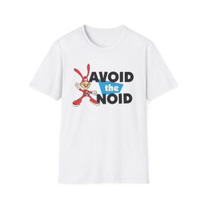 May include: White t-shirt with a red cartoon character and the text "AVOID the NOID" printed on the front.