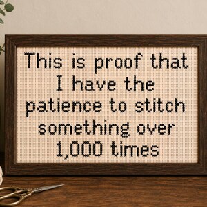 May include: A rectangular dark brown wooden frame containing a cross-stitch piece on beige fabric. The black stitched text reads: This is proof that I have the patience to stitch something over 1,000 times. The frame is displayed in a horizontal orientation.