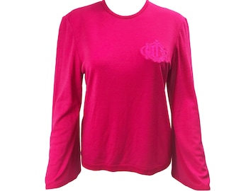 CHRISTIAN DIOR Vintage Logo Monogram Embroidered Knit Top 1980s Hot Pink Sweater