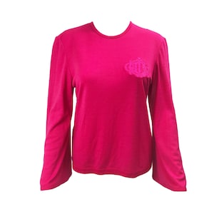 CHRISTIAN DIOR Vintage Logo Monogram Embroidered Knit Top 1980s Hot Pink Sweater