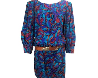 YVES SAINT LAURENT Vintage 1980s Shift Dress Rive Gauche Printed Silk Tunic