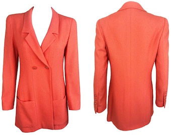 CHANEL Vintage Neon Peach Logo Button Bouclé Jacket RARE! sz FR 38 Orange Long Line Blazer Suit