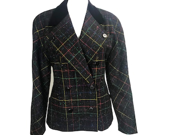 ESCADA Vintage Jacket Checked Wool 1980s Black and Rainbow Blazer Coat