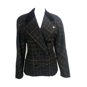 ESCADA Vintage Jacket Checked Wool 1980s Black and Rainbow Blazer Coat