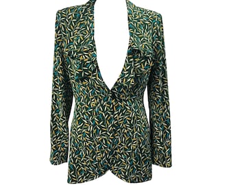 NORMA KAMALI ヴィンテージ デッドストック グリーンプリント ジャケット/ブラウス フリルネック 1980年代 シルク シャツ トップ ジャケット