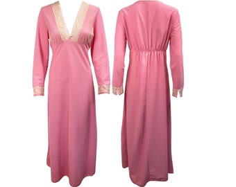 NORMAN HARTNELL Vintage 1970s Pink Lace Trim Maxi Dress