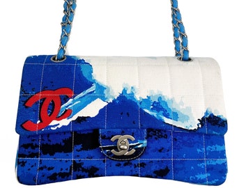 CHANEL Vintage Surf Bag Logo Print Quilted Canvas Flap Handbag