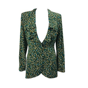 NORMA KAMALI Vintage Dead Stock Green Print Jacke/Bluse mit Rüschenhals 1980er Seide Shirt Top Jacke