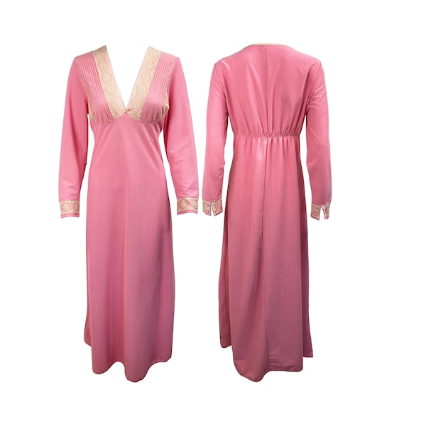 NORMAN HARTNELL Vintage 1970s Pink Lace Trim Maxi Dress