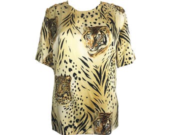 ESCADA Vintage 1980s Animal Print Silk Blouse with Leopard Tiger Graphic