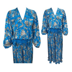 DIANE FREIS Vintage 1980s Blue Paisley Print Maxi Dress Fres Fries Susan Floral Design Fabric Pattern