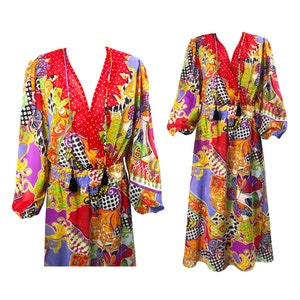 DIANE FREIS Vintage 1980s Red and Colourful Print Maxi Dress Fres Fries Susan Check Rainbow Memphis Design Fabric Spotty Pattern