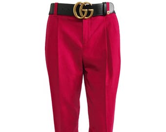 GUCCI Red Tailored Wool Pants Pleat Front Trousers Gold Logo Monogram Belt Plate sz IT 40