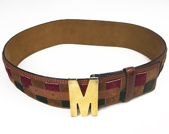 MOSCHINO Vintage 90s Logo M Monogram Brown Suede Belt Lattice Design sz IT 38