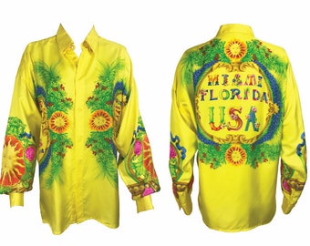 GIANNI VERSACE Rare Vintage Miami Print Shirt 1990s Neon Yellow Silk Floral Design Shirt Blouse Couture Top