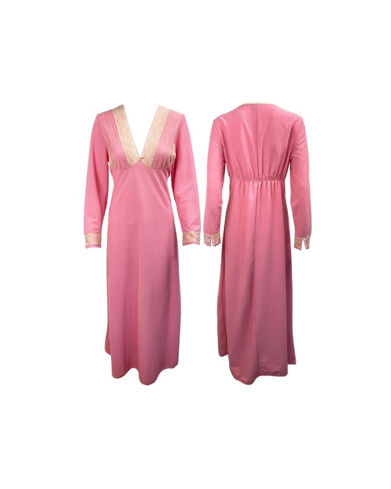 NORMAN HARTNELL Vintage 1970s Pink Lace Trim Maxi… - image 1