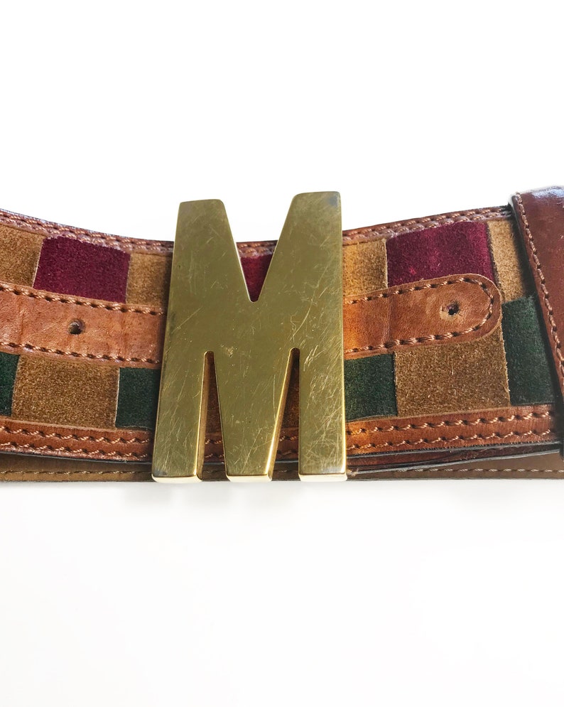 MOSCHINO Vintage 90s Logo M Monogram Brown Suede Belt Lattice Design sz IT 38 image 6