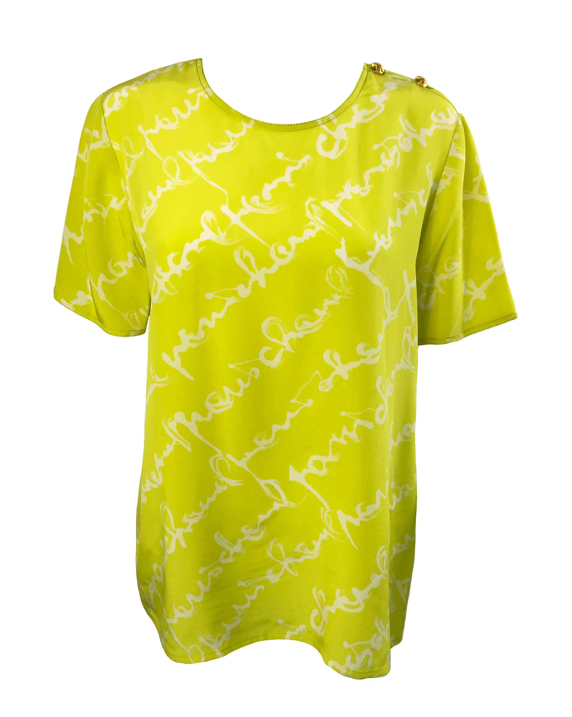 CHANEL Vintage Logo Print 1980s Chartreuse Silk Blouse With -  Denmark