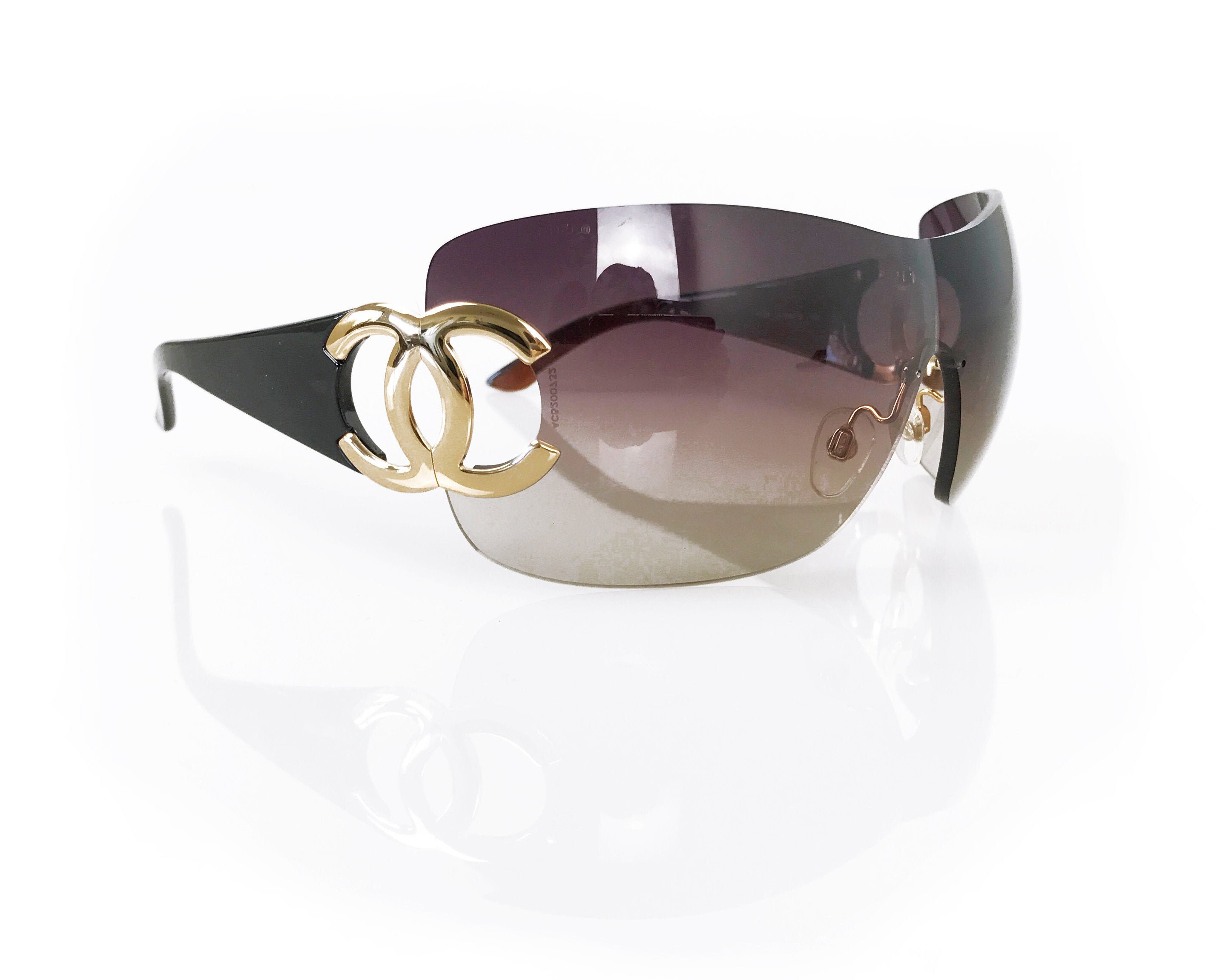 CHANEL Y2K Logo Sunglasses Purple/brown Oversized Shield 