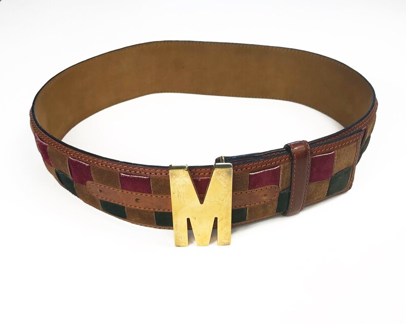 MOSCHINO Vintage 90s Logo M Monogram Brown Suede Belt Lattice Design sz IT 38 image 1