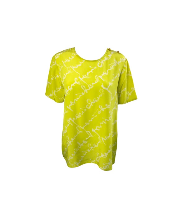 CHANEL Vintage Logo Print 1980s Chartreuse Silk Blouse With 