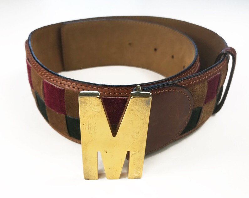 MOSCHINO Vintage 90s Logo M Monogram Brown Suede Belt Lattice Design sz IT 38 image 5