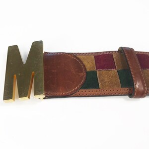 MOSCHINO Vintage 90s Logo M Monogram Brown Suede Belt Lattice Design sz IT 38 image 9