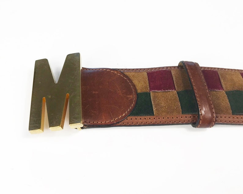 MOSCHINO Vintage 90s Logo M Monogram Brown Suede Belt Lattice Design sz IT 38 image 9