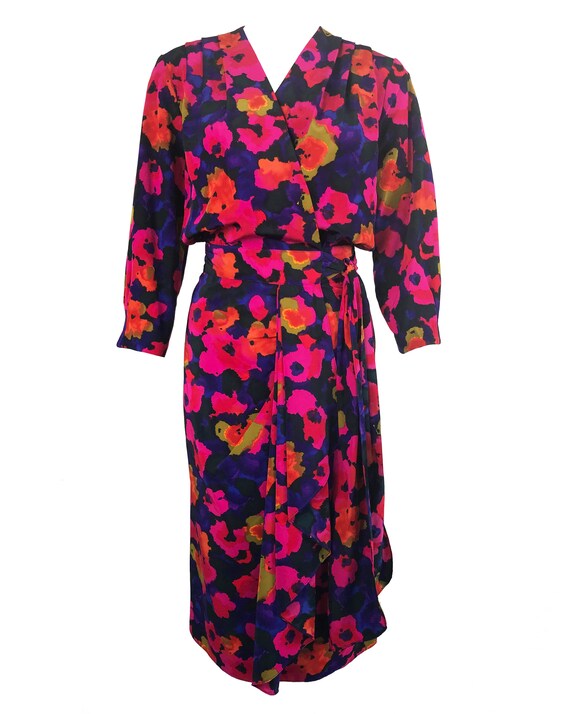 Vintage 1980s Neon Floral Dress Pink Purple Flower