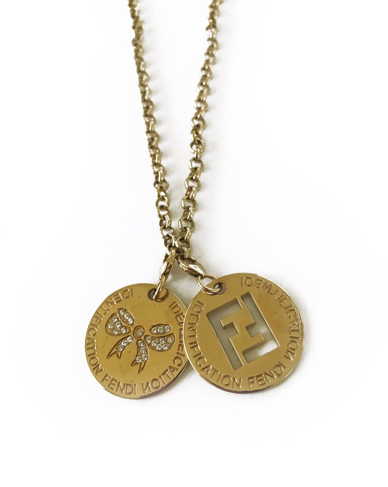 Fendi Logo Id Charm Necklace Gold Monogram Jewelry Zucca Coin Pendant